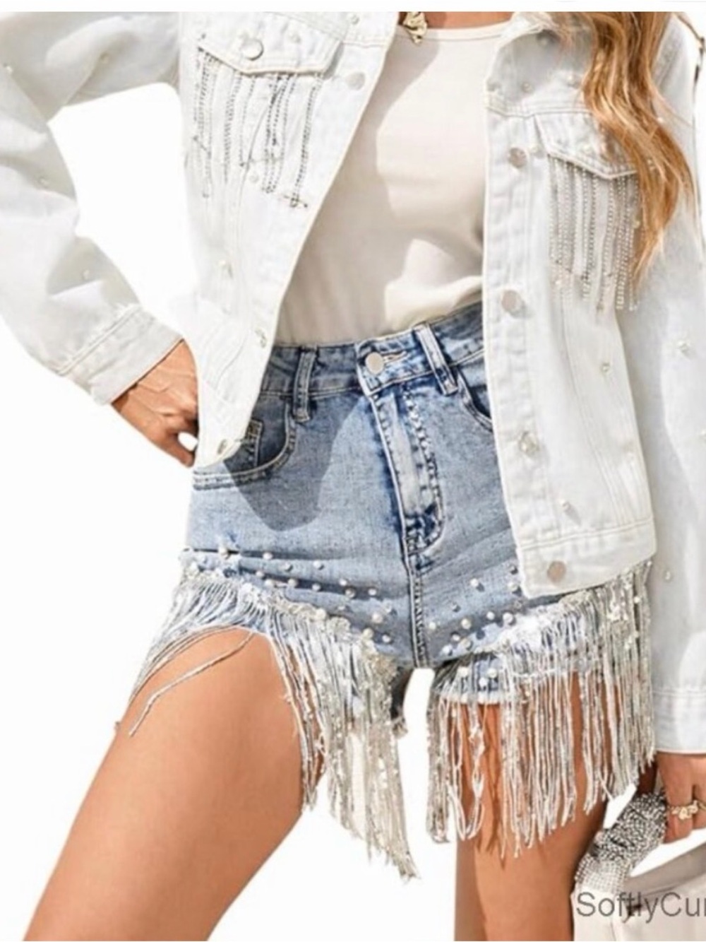 Embellished Fringed Denim Shorts with Pearl Trim